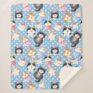 Celebration Cats on Blue Polka Dots Sherpa Blanket