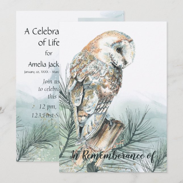 Célébration de la vie Barn Owl Invitation (Devant / Derrière)