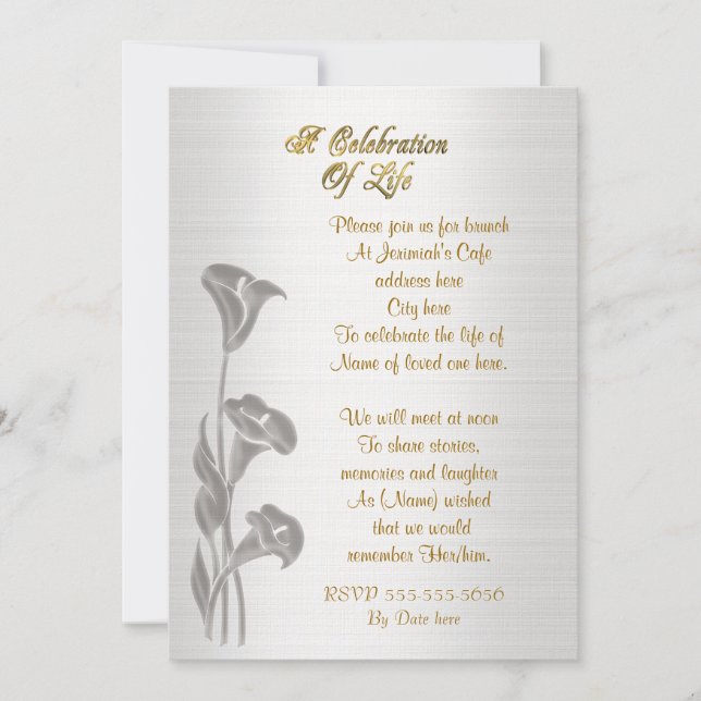Célébration de la vie Invitation Calla Lys (Devant)