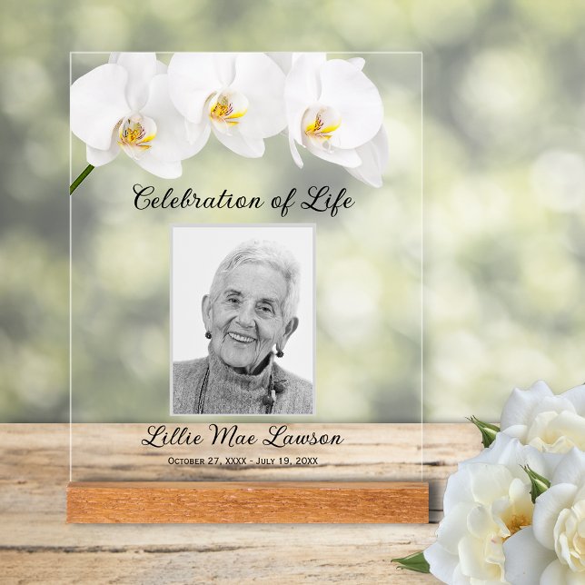 Célébration des orchidées de vie (White orchids Celebration of Life with photo table top ACRYLIC sign)