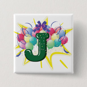 Celebration Monogram Letter J with Balloons 2 Inch Square Button