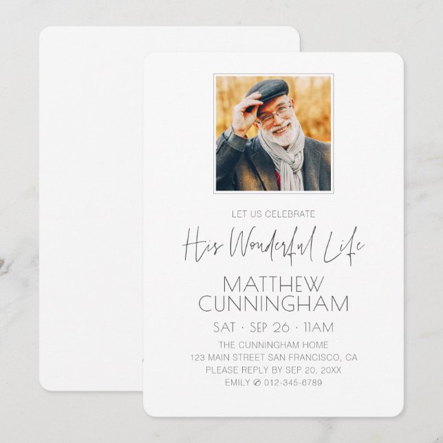 Celebration of His Life Memorial Modern Photo Invitation (Front/Back)