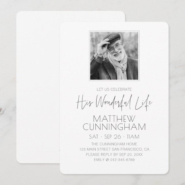 Celebration of His Life Memorial Modern Photo Invitation (Front/Back)