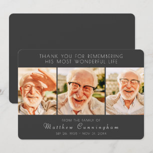 Celebration of His Life Modern Simple Three Photos Thank You Card