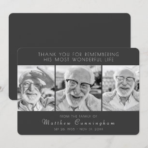 Celebration of His Life Modern Simple Three Photos Thank You Card