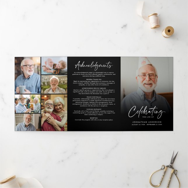 Celebration of Life 10-Photo Black & White Funeral Tri-Fold Programme (Outside)