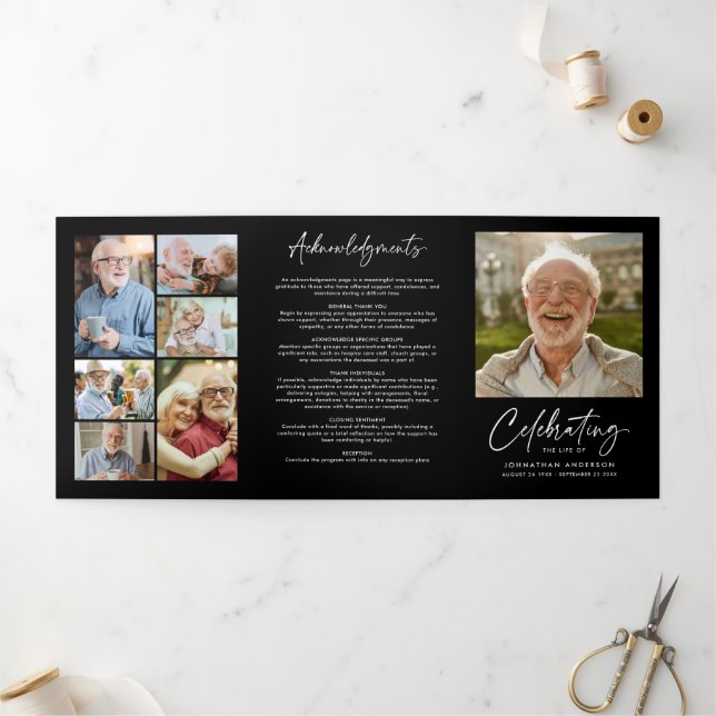 Celebration of Life 14-Photo Black & White Funeral Tri-Fold Programme (Outside)