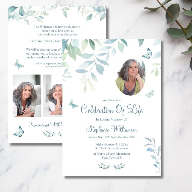 Celebration of Life 4 Photo Butterfly  Funeral  Invitation (Creator Uploaded)