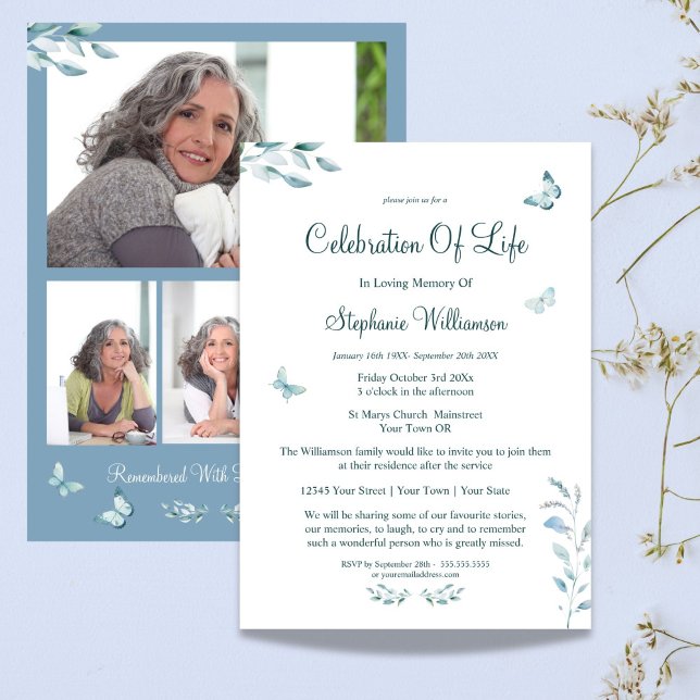 Celebration of Life 4 Photo Butterfly  Funeral  Invitation (Creator Uploaded)