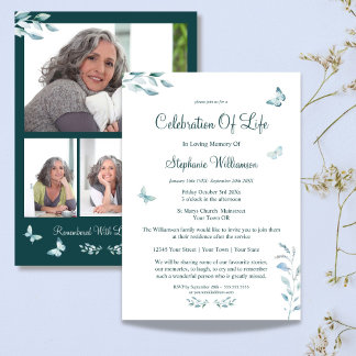 Celebration of Life 4 Photo Butterfly Funeral Invitation