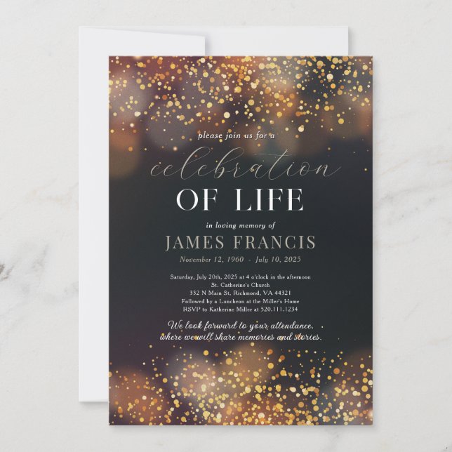 Celebration Of Life Black and Gold Invitation (Front)