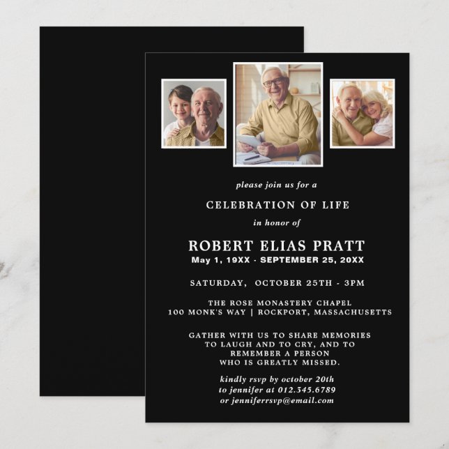 Celebration of Life Black White 3 Photo Invitation (Front/Back)