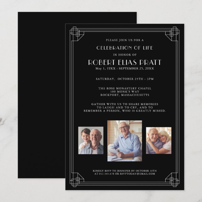 Celebration of Life Black White 3 Photo Invitation (Front/Back)