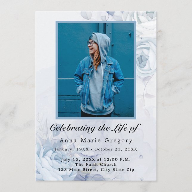 Celebration of Life Blue Photo Elegant Floral Program (Front)