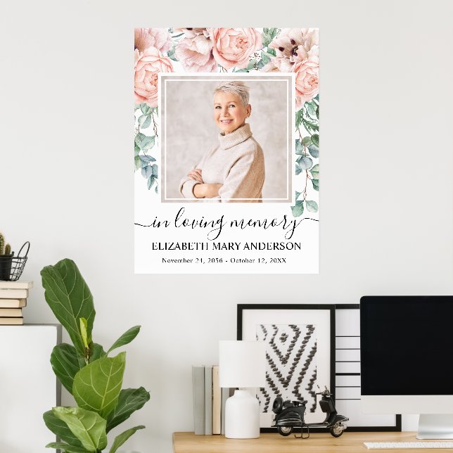 Celebration of Life Blush Pink Peony Floral Photo Poster (Home Office)