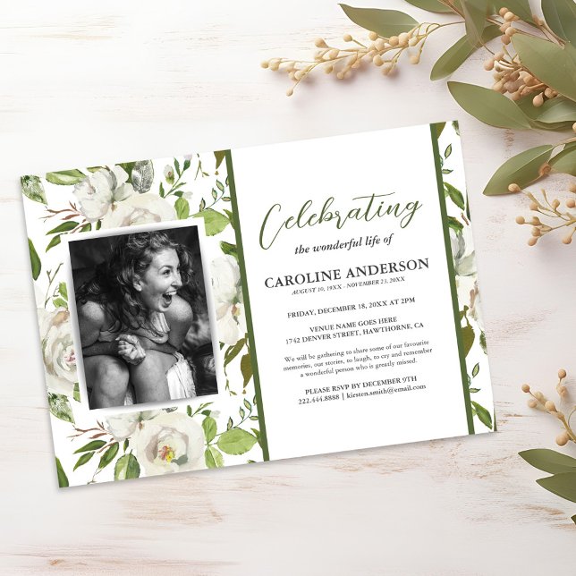 Celebration of Life Botanical Floral Photo Invitation (Creator Uploaded)