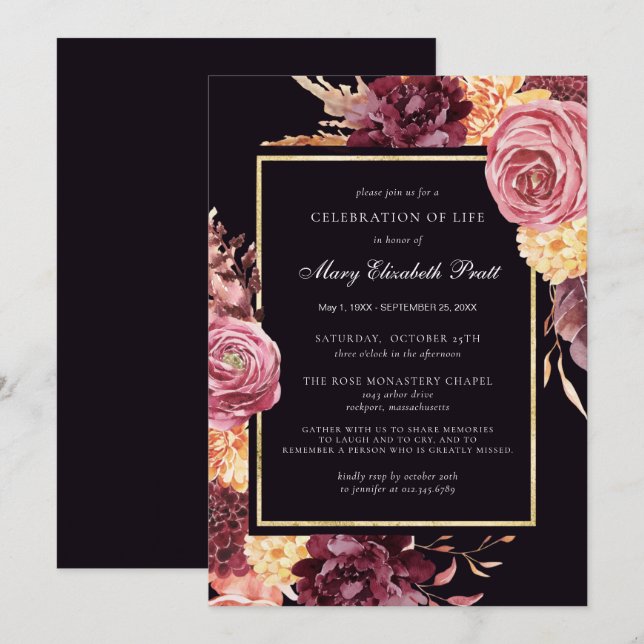 Celebration of Life Burgundy Dusty Pink Floral  Invitation (Front/Back)