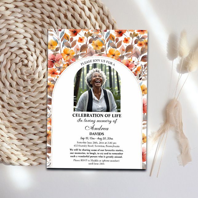 Celebration Of Life Colourful Floral Photo Funeral Invitation (Creator Uploaded)