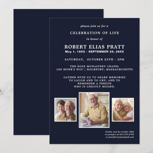 Celebration of Life Dark Blue White 3 Photo Invitation (Front/Back)
