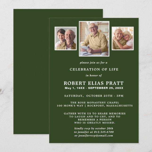 Celebration of Life Dark Green White 3 Photo Invitation (Front/Back)