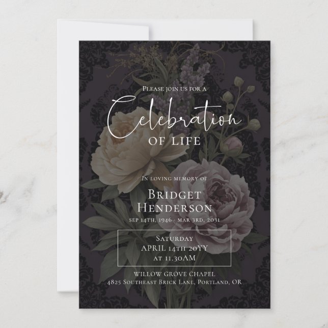 Celebration of Life Dark Moody Floral Funeral Invitation (Front)