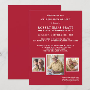 Celebration of Life Dark Red White 3 Photo Invitation