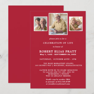 Celebration of Life Dark Red White 3 Photo Invitation