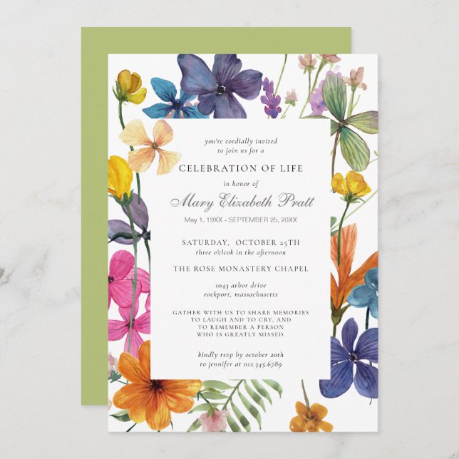 Celebration of Life Dusty Boho Summer Floral Invitation (Front/Back)