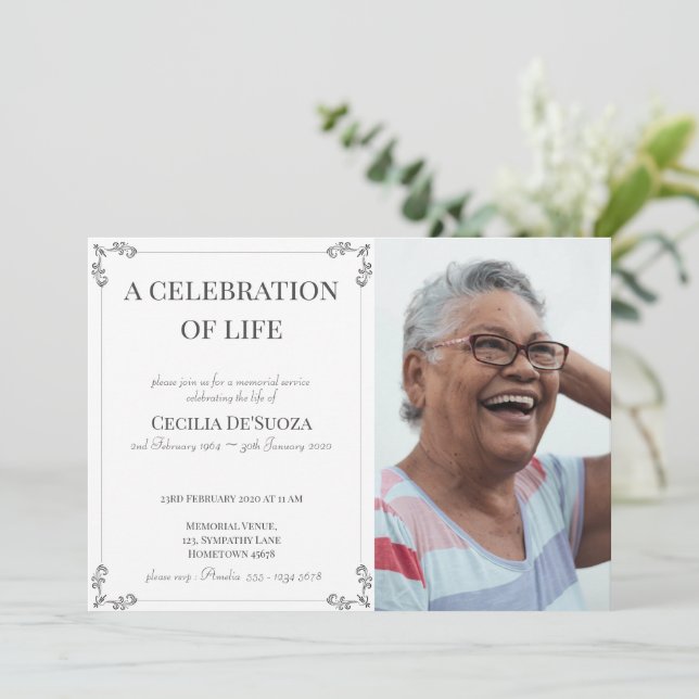Celebration of Life Elegant White Funeral Custom Invitation (Standing Front)