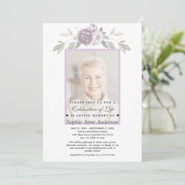 Celebration of Life Faded Floral Photo Memorial  Invitation (Standing Front)