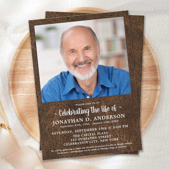 Celebration Of Life Faux Leather Photo Funeral  Invitation (Creator Uploaded)