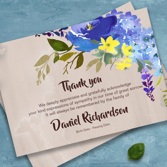 Celebration of Life Floral Funeral Thank You Card (Watercolor floral in blue bereavement Memorial Sympathy Funeral Thank You Card)