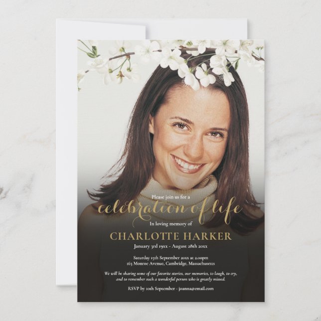 Celebration of Life Floral White Blossom Photo Invitation (Front)