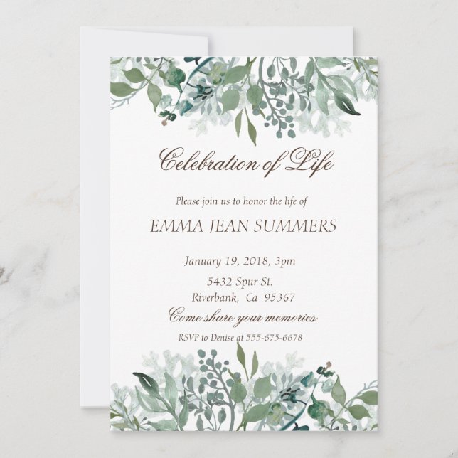 Celebration of Life Foliage Leaves Greenery Invitation (Front)