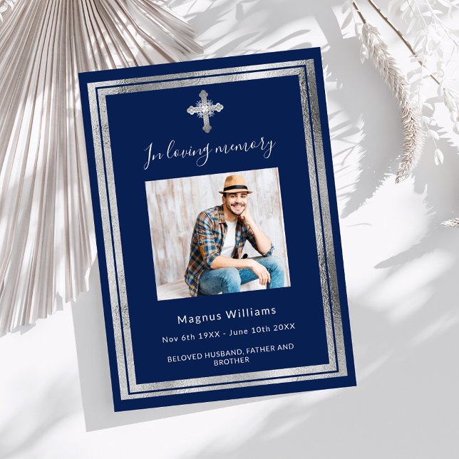 Celebration of life funeral blue silver photo invitation (Creator Uploaded)
