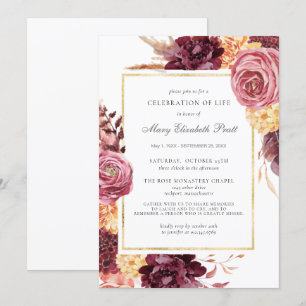 Celebration of Life Funeral Burgundy Pink Floral I Invitation