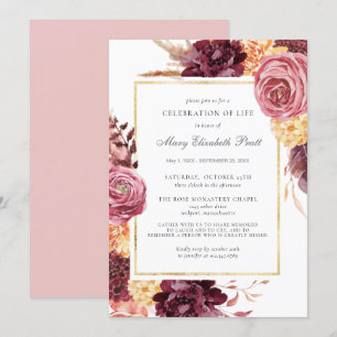 Celebration of Life Funeral Burgundy Pink Floral Invitation