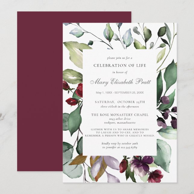Celebration of Life Funeral Burgundy Red Botanical Invitation (Front/Back)