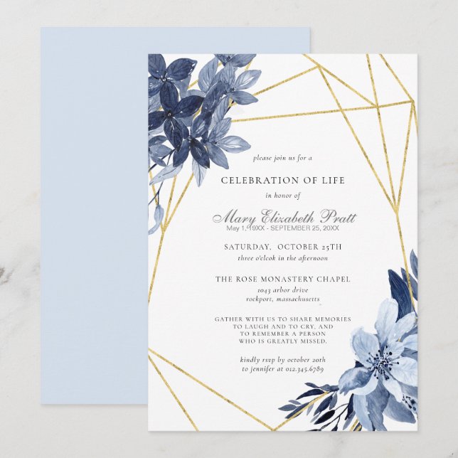 Celebration of Life Funeral Dusty Blue Floral Invitation (Front/Back)