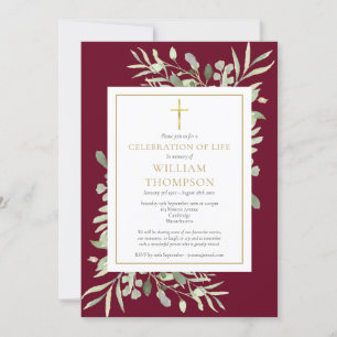 Celebration of Life Funeral Foliage Burgundy Gold Invitation