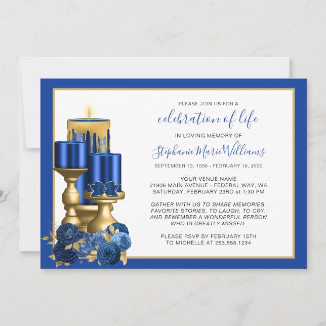 Celebration of Life Funeral Memorial Blue Candle Invitation (Front)