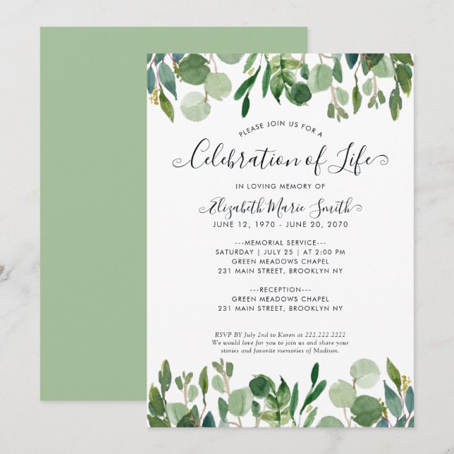 Celebration of Life Funeral Memorial Botanical Invitation (Front/Back)