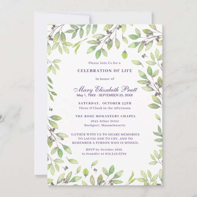 Celebration of Life Funeral Memorial Botanical Invitation (Front)