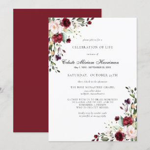 Celebration of Life Funeral Memorial Burgundy Rose Invitation