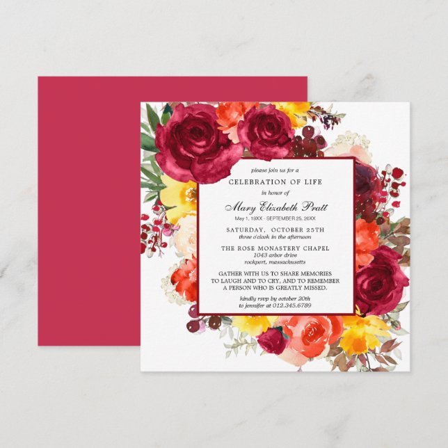 Celebration of Life Funeral Memorial Fall Floral Invitation (Front/Back)