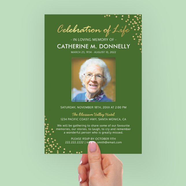 Celebration of Life | Funeral Memorial Green Gold Invitation (Creator Uploaded)