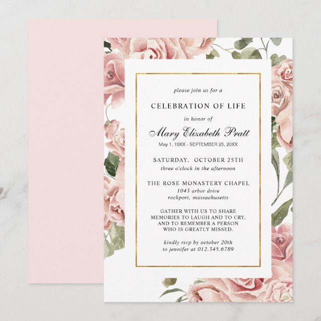 Celebration of Life Funeral Memorial Pink Floral I Invitation (Front/Back)