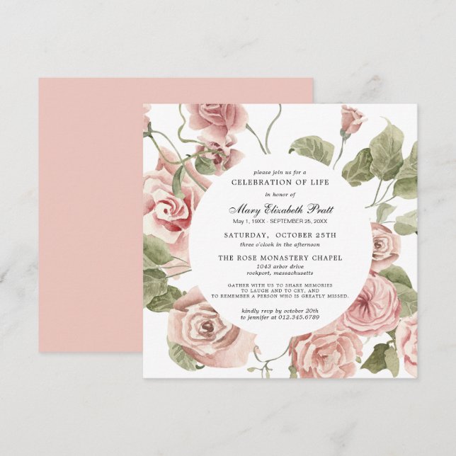 Celebration of Life Funeral Memorial Pink Floral I Invitation (Front/Back)