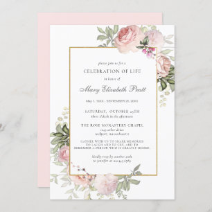 Celebration of Life Funeral Memorial Pink Floral Invitation