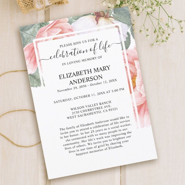 Celebration of Life Funeral Memorial Pink Floral Invitation (Creator Uploaded)